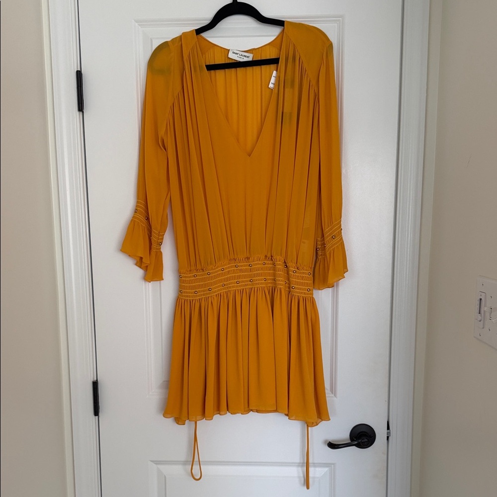Yves Saint Laurent Mustard Yellow V-Neck Ruffle-Hem Long Sleeve Dress